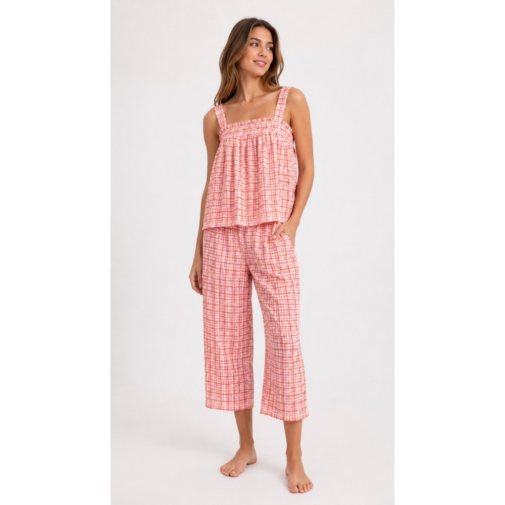 Kate Spade Pajama Set Womens Sz L Pink Orange Gingham Seersucker Pockets KS62596